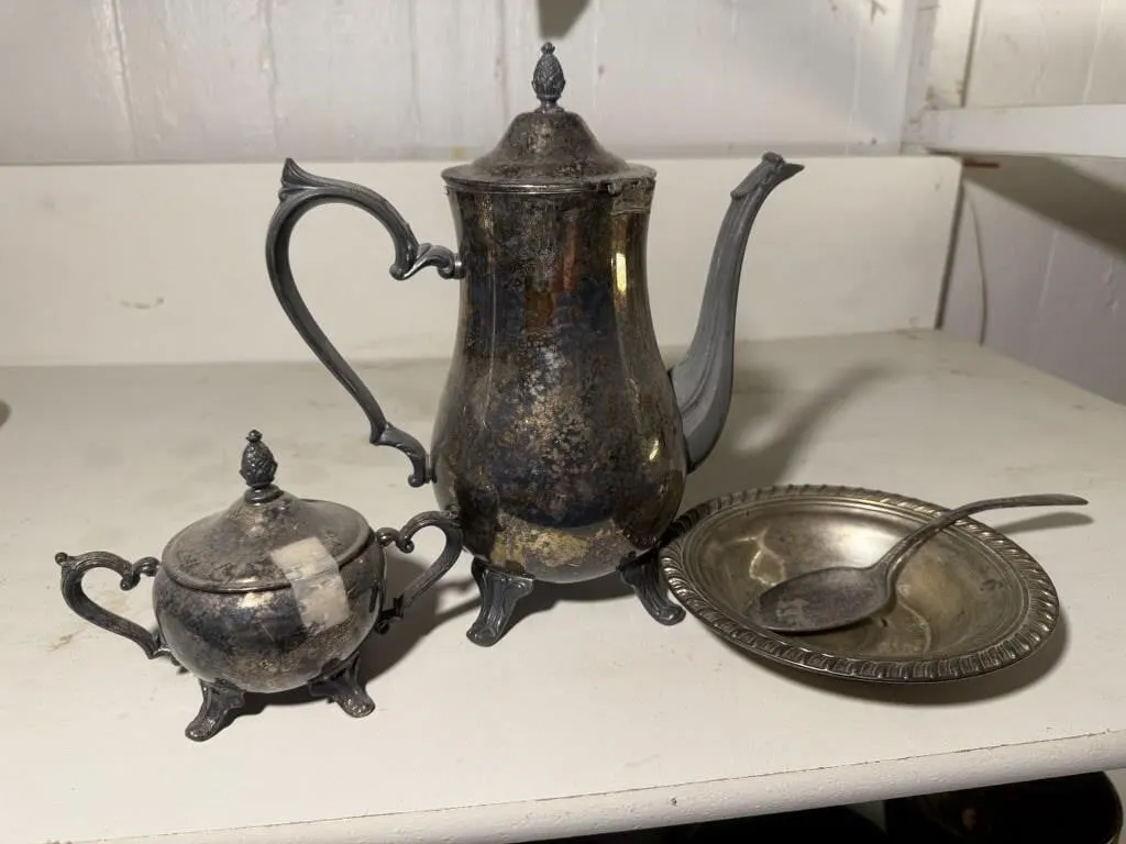 Silver plated coffee pot, sugar dish, bowl, spoon