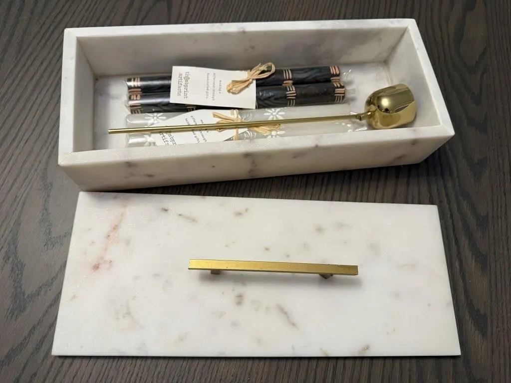 Stone box, NEW taper candles, snuffer