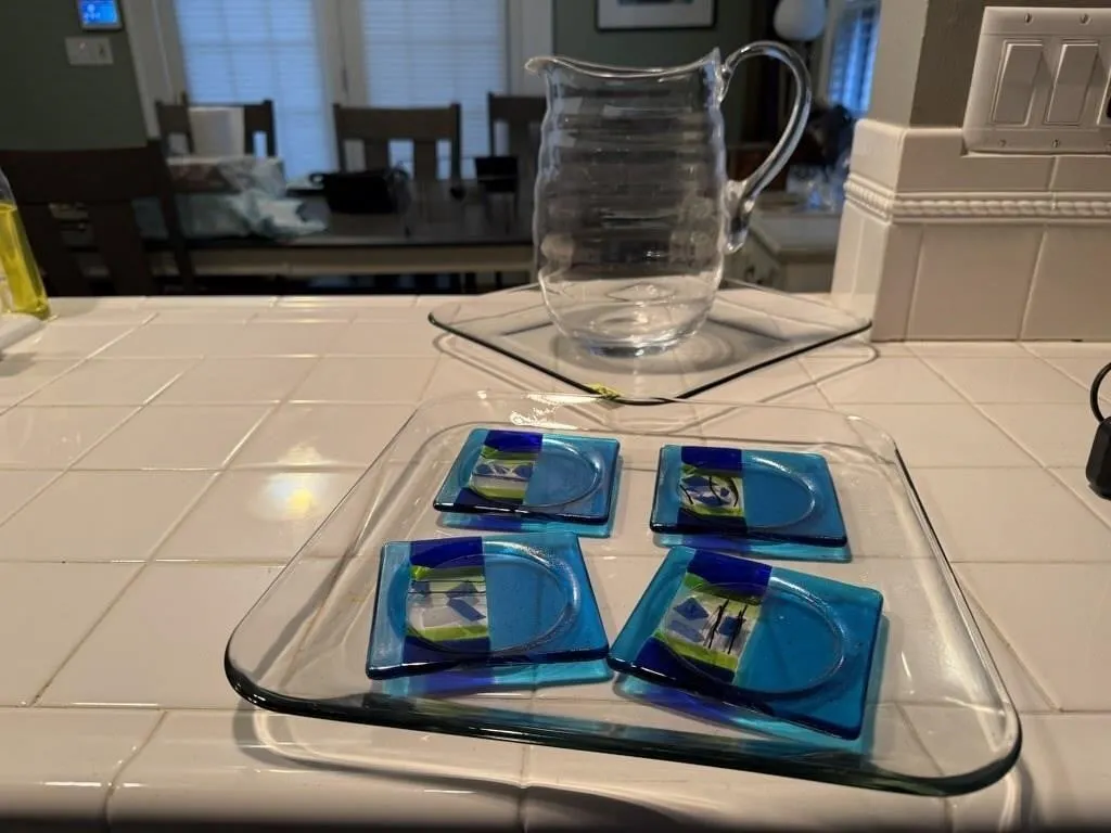 Glass trays, coasters, pitcher