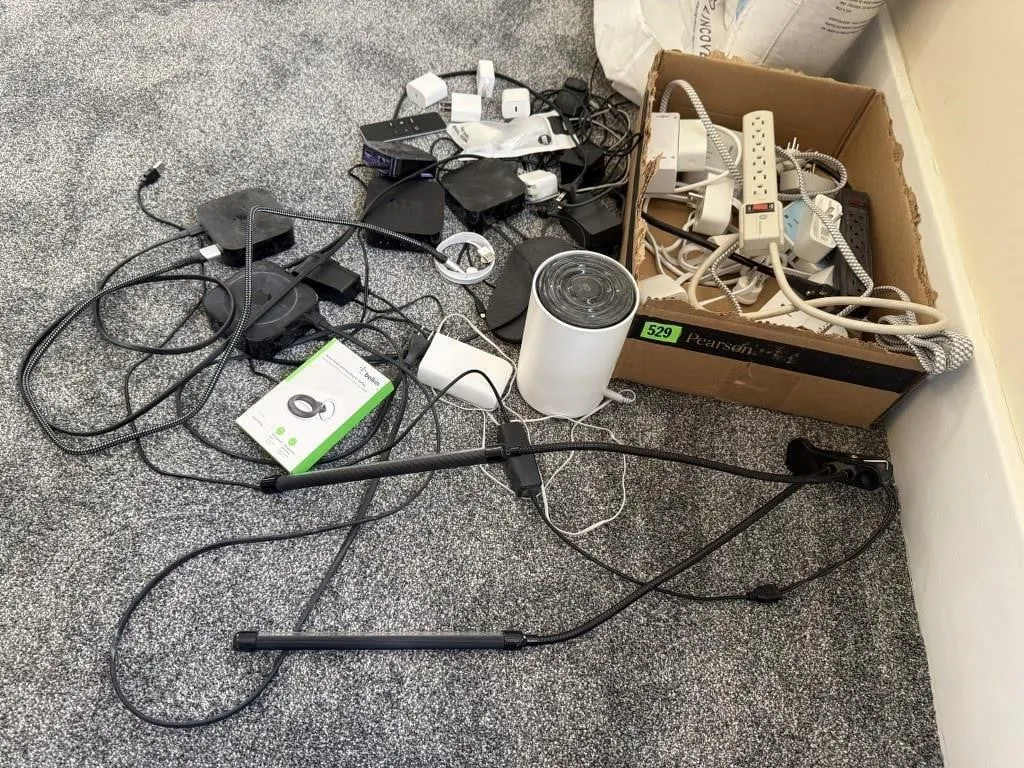Electronics lot, chargers, speakers, surge