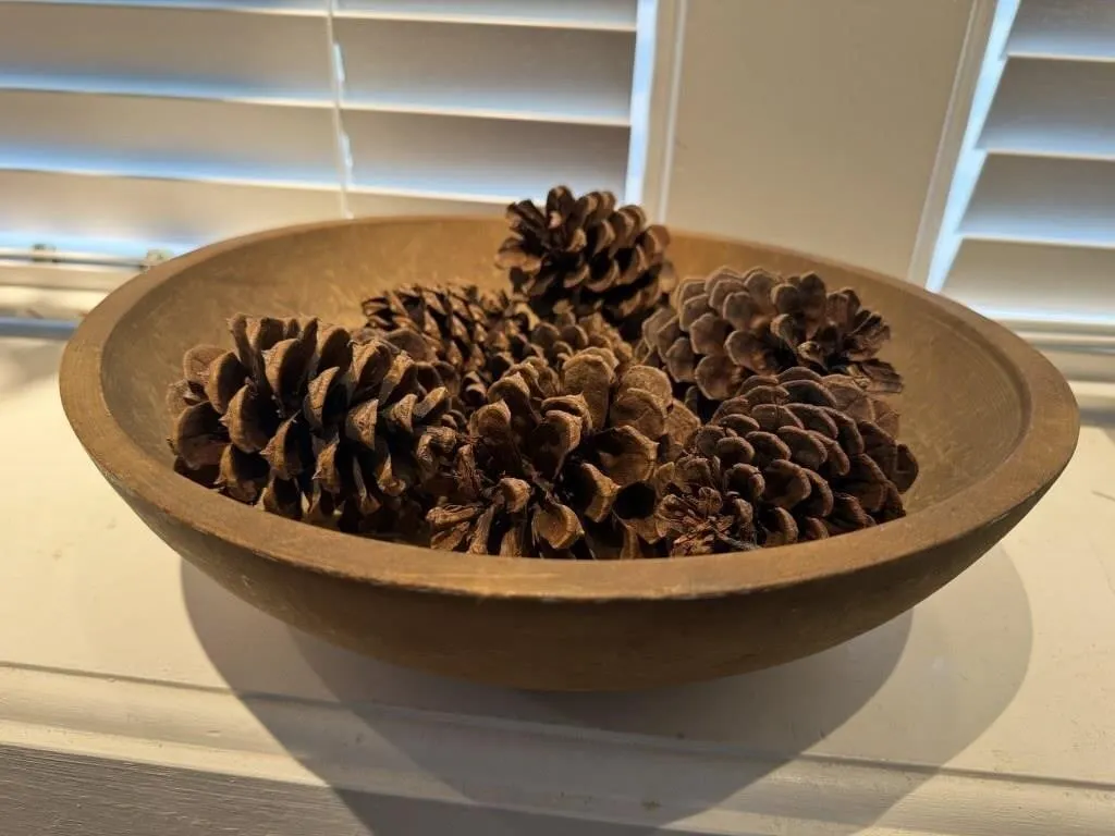 Wooden bowl of pinecones