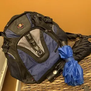 Swiss Gear backpack, baseball caps, umbrellas,