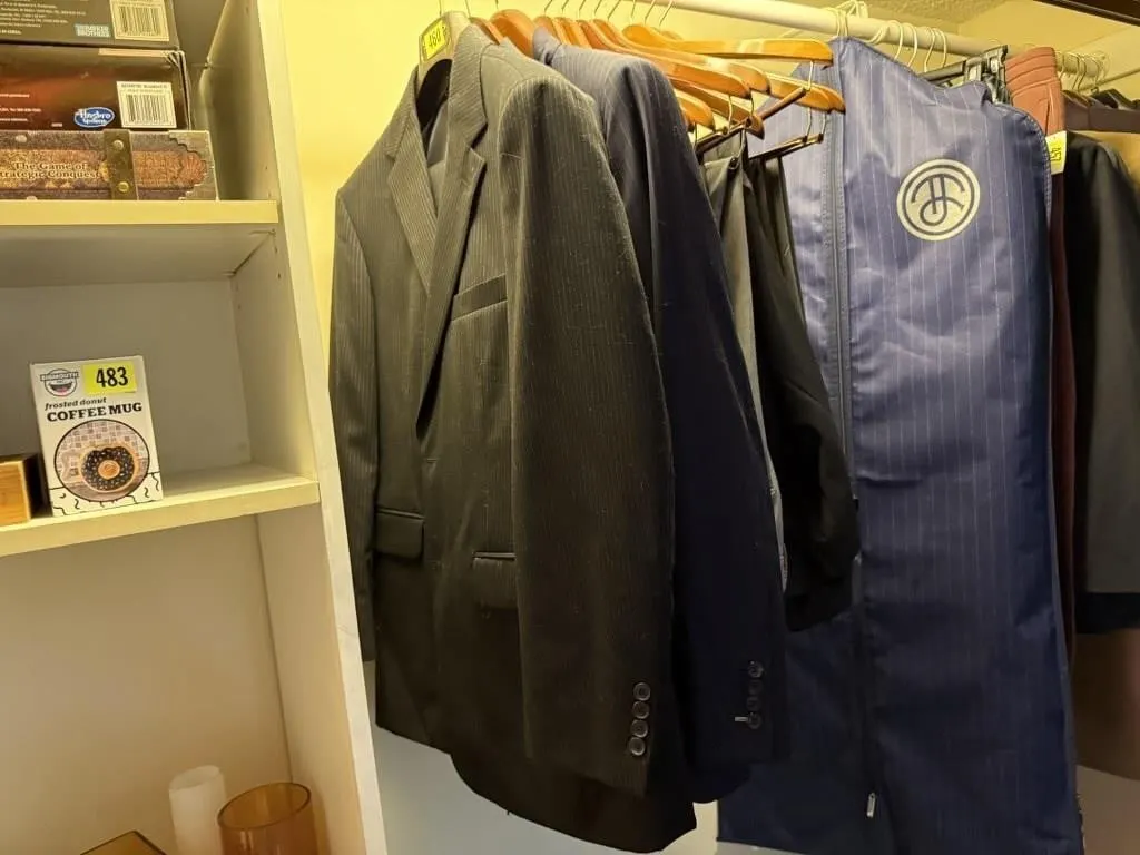 Assorted suit coats, dress pants