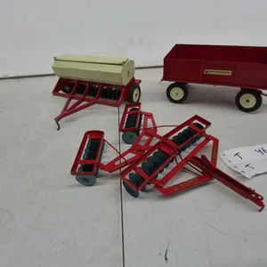 Vintage Ertl International Harvester Farm Wagon, IH Seed Drill, and McCormick Disc Harrow. Metal.