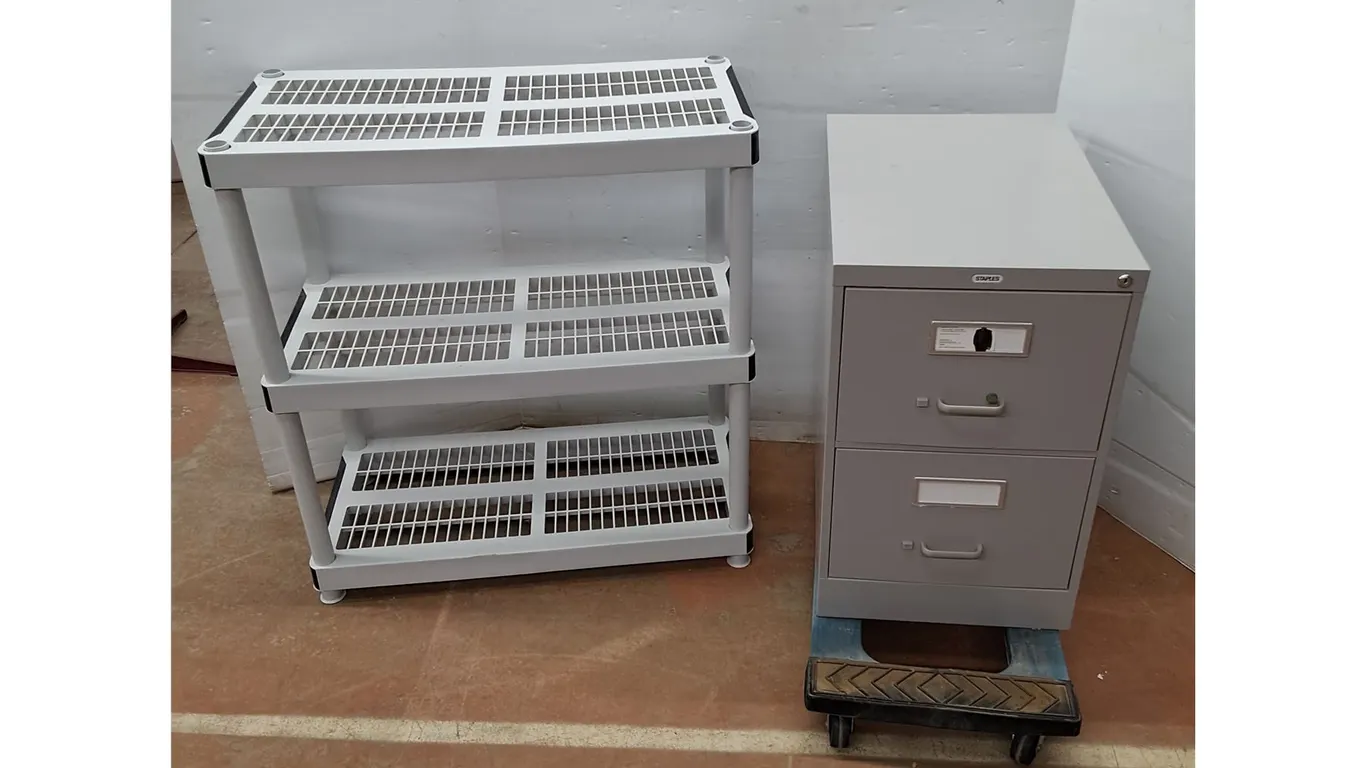 *Medium Plastic Shelf (36x18x38") -Two Drawer Filing Cabinet(18x26.5x29") Dolly Not Included PU Only