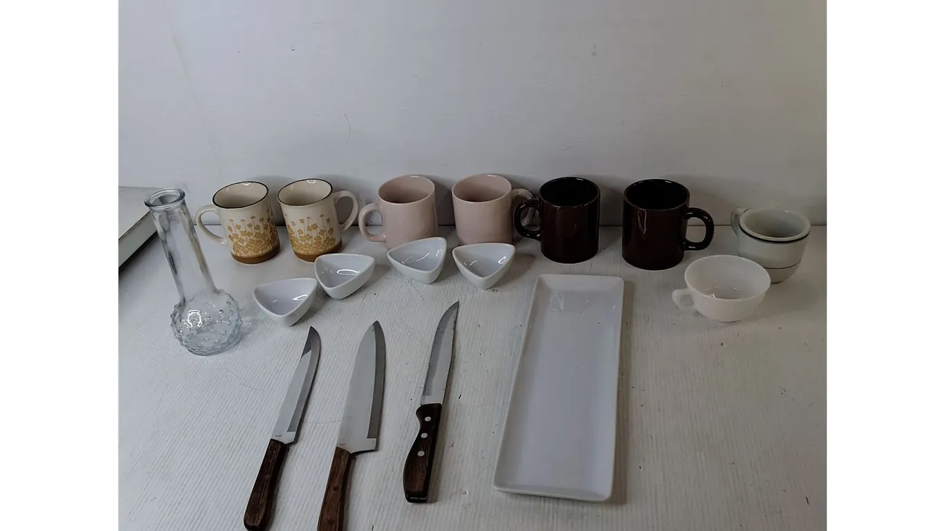 Kitchen Knives, Condiment Dishes, Coffee Mugs, Misc.