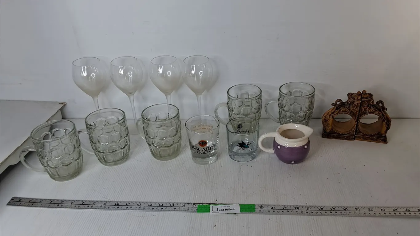 Elephant Wall Decor, Glass Beer Steins, Wine Glasses, Misc.