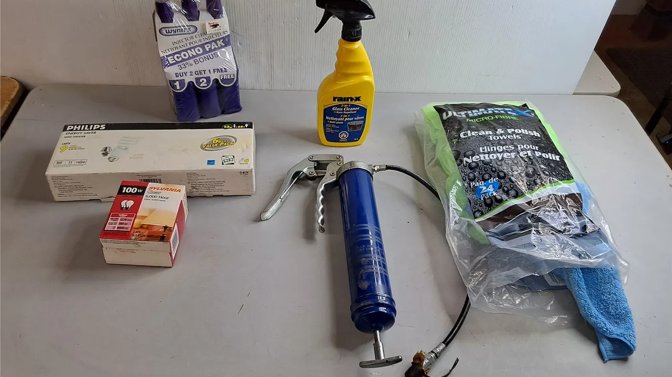 Microfibre Towels, Rainx Glass Cleaner, Grease Gun, Misc. Can't Ship