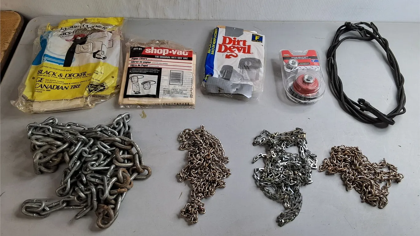 Vacuum Bags, Knotted Wire Cup Brush, Chains, Pickup Only