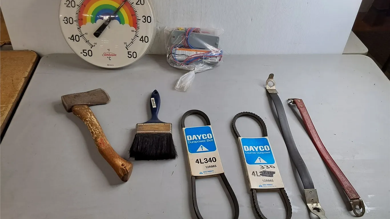 14" Hatchet, Outdoor Thermometer, V Belts, Misc.