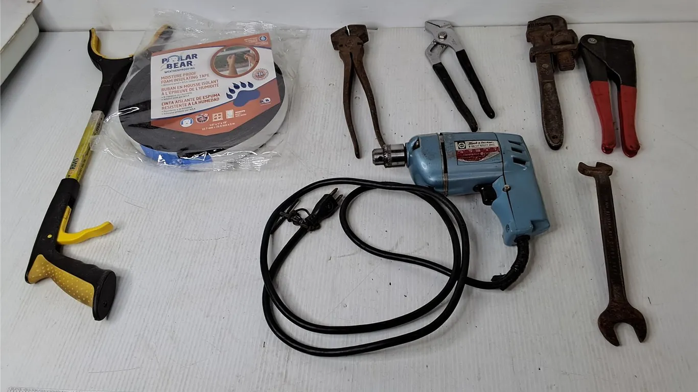Grabber Tool, 1/4" Utility Drill- Powers On, Foam Insulating Tape, Misc.