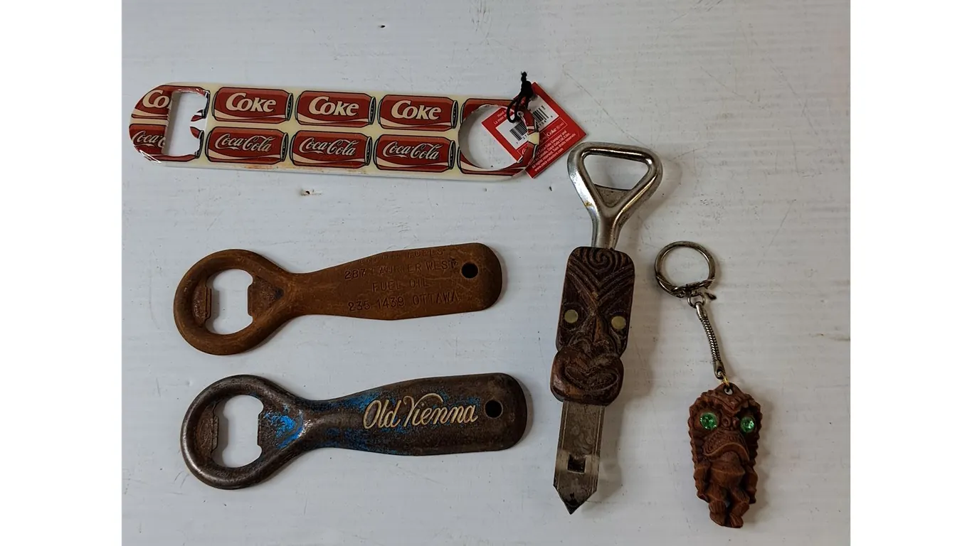 (3) Bottle Openers, (1) New Zealand Carved Bottle Opener, Hawaiian Coco Joe's Keychain