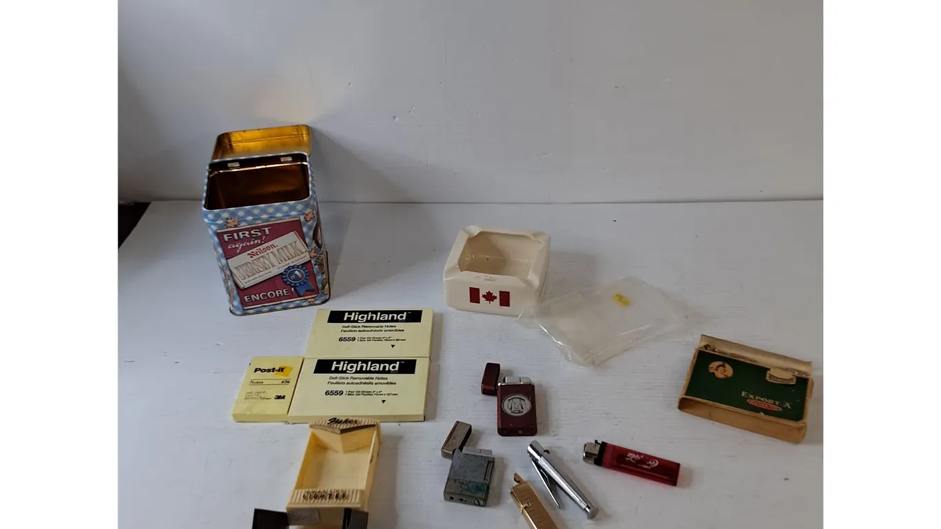 Assorted Lighters As-Is, Sticky Notes Sealed, Canadian Ashtray