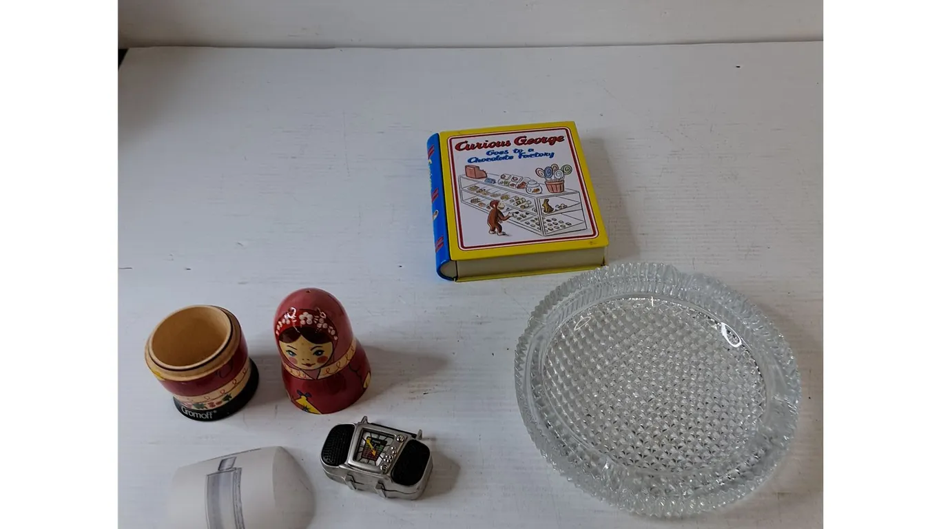 Russian Nesting Doll Vodka Bottle Cover, Curious George Tin, Ashtray, Timex Boombox Clock As-Is