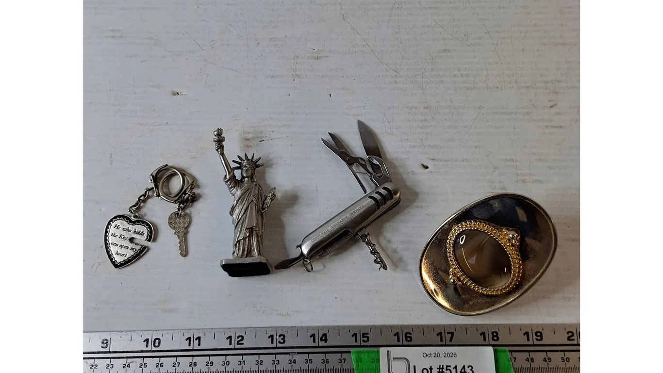 Small Pewter Statue of Liberty, Pocketknife, Belt Buckle, Heart Keychain
