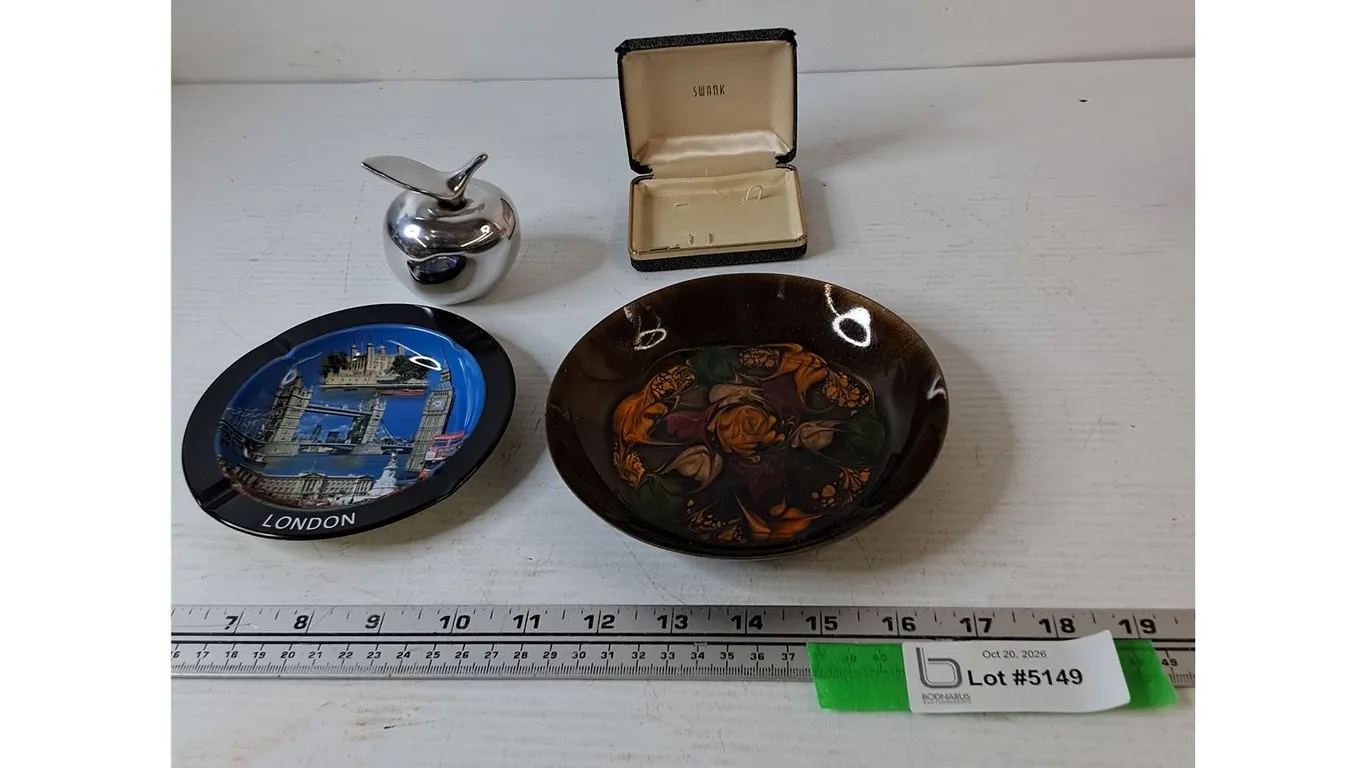 London & Floral Metal Ashtrays, Swann Jewelry Box, Metal Apple Sculpture