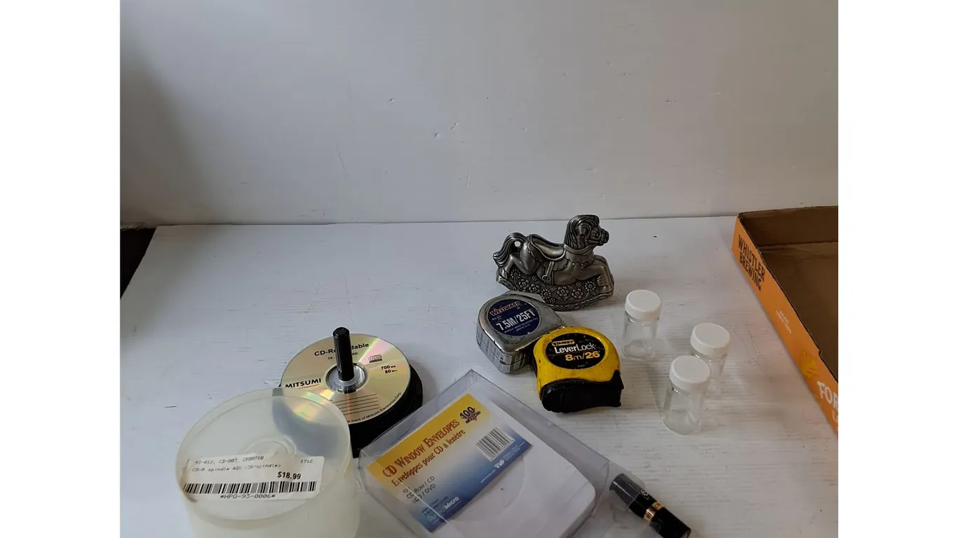 CDs and Sleeves, (2) Measurement Tapes, Rocking Horse Metal Piggy Bank, (3) Glass Vials