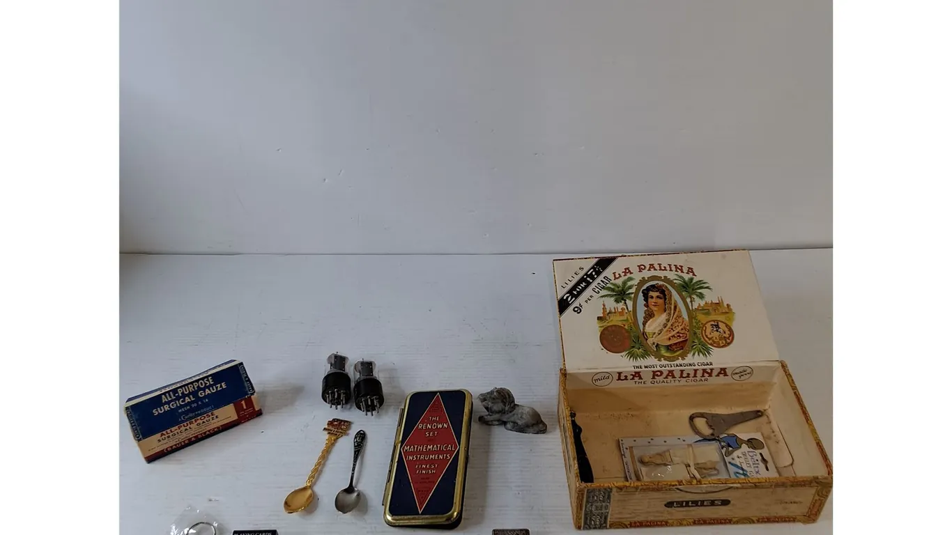 La Paulina Cigar Case with (2) Souvenir Spoons, Small Playing Cards, Gauze, Math Instruments, Misc
