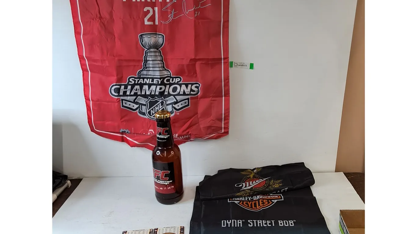 UFC Bottle Coin Bank, (2) Molson NBL Coasters, Blackhawks Flag, Miller/Harley-Davidson Flag