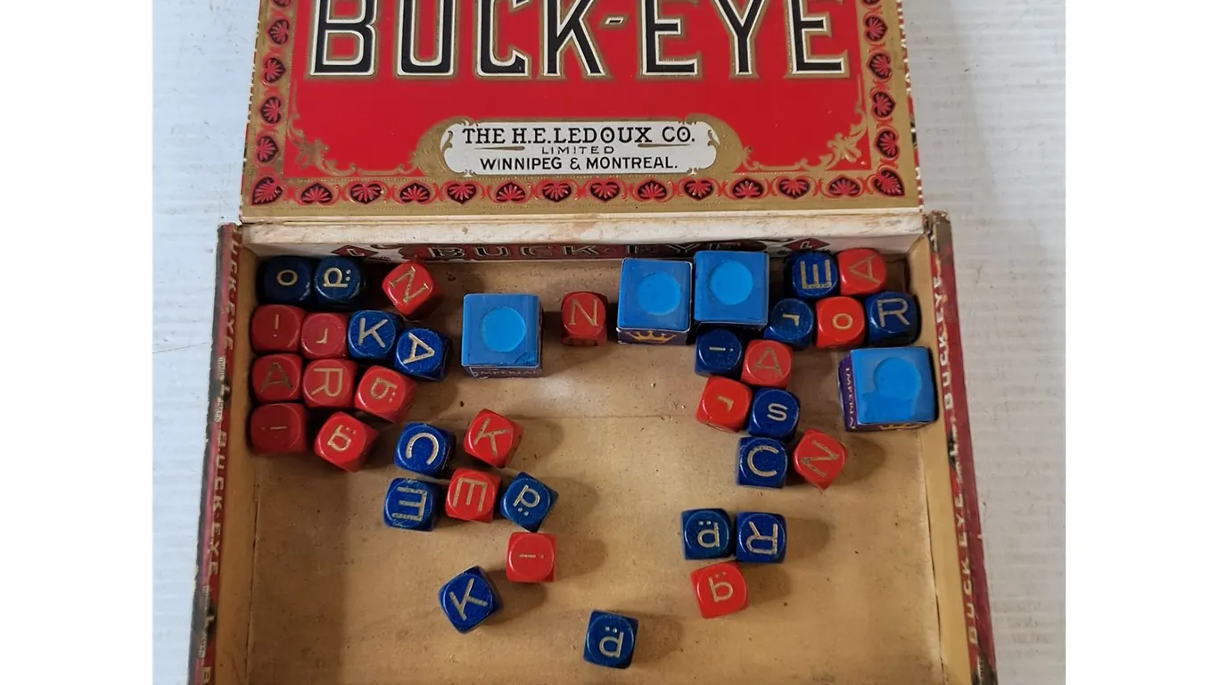 Buck-Eye Cigar Box and Assorted Vintage Die, (4) Pool Cue Chalks