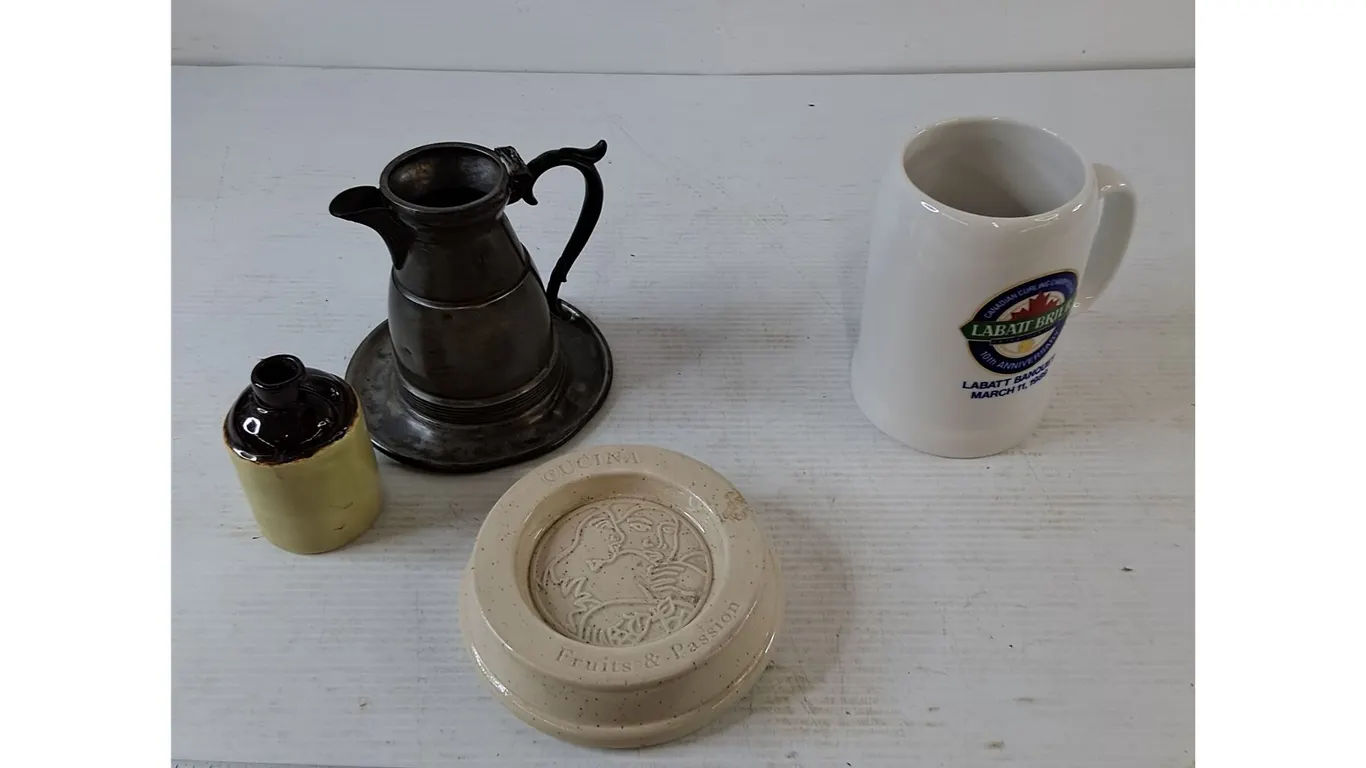 Small Ceramic Moonshine Jug, Metal Pouring Jug, Labatt Ceramic Stein, Cucina Soap Dish