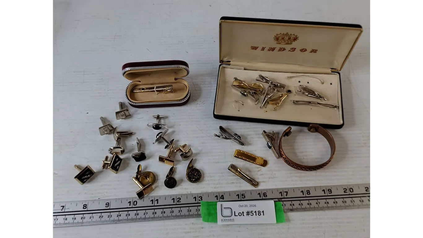 Assorted Metal Neck Tie Clips and Cufflinks, (1) Wrist Bangle