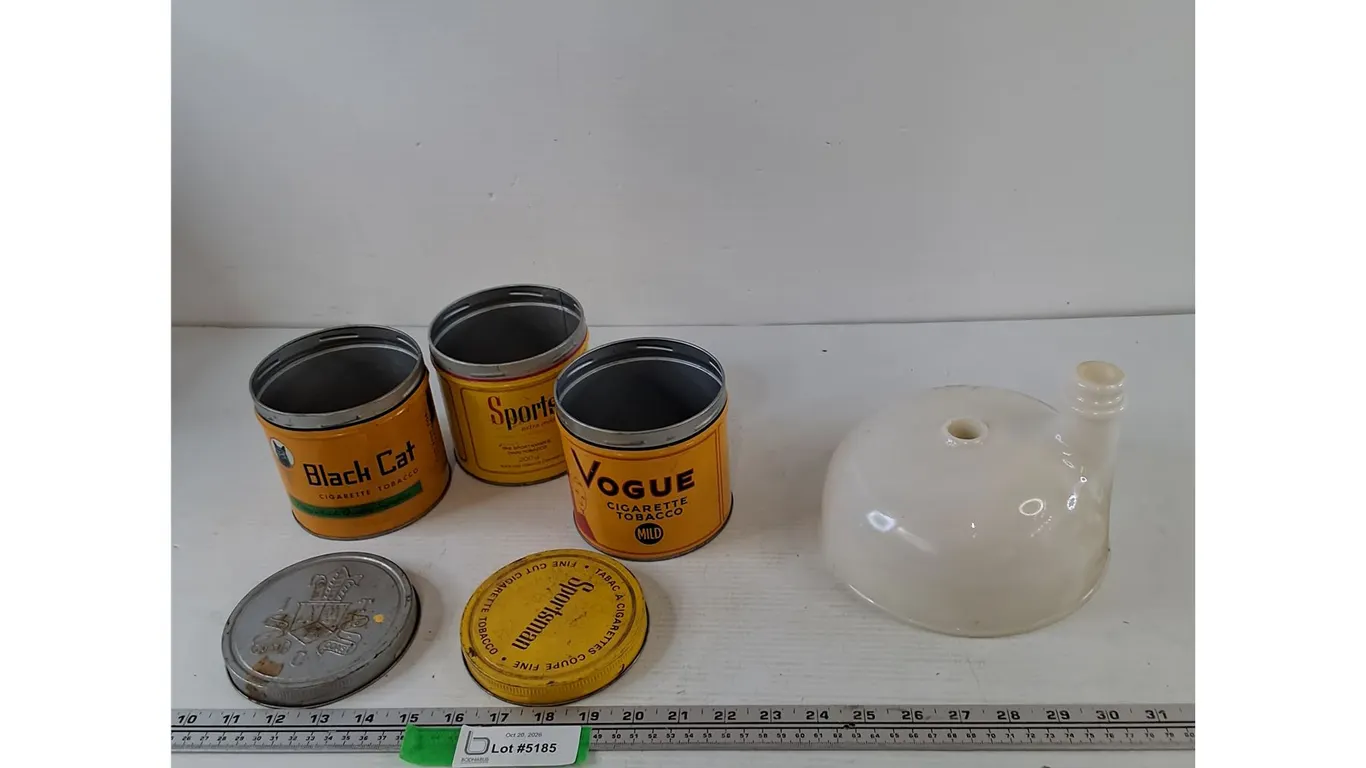 (3) Orange/Yellow Cigarette Tobacco Canisters with (2) Lids, Glass Juicer Funnel