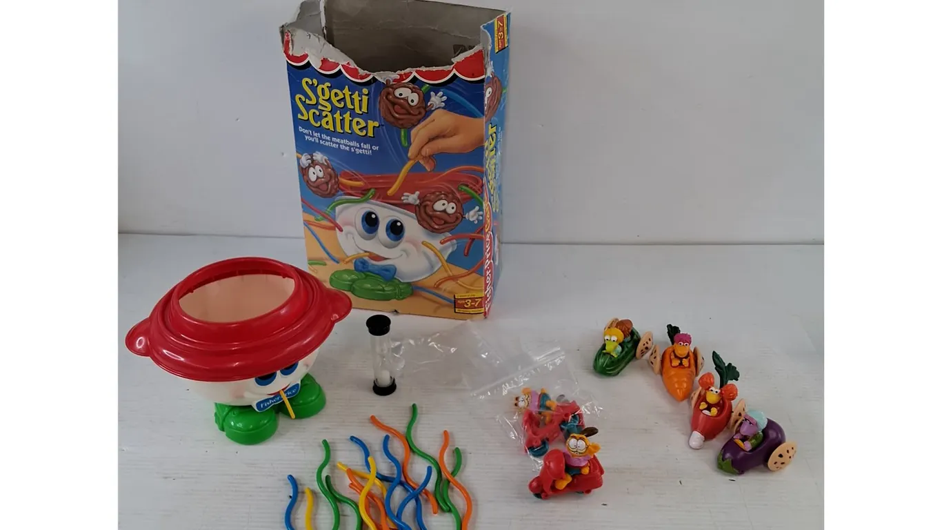 Fisher-Price S'getti Scatter Toy with Box as-Is, (2) Garfield Moped Toys, (4) Fraggle Rock Toy Cars