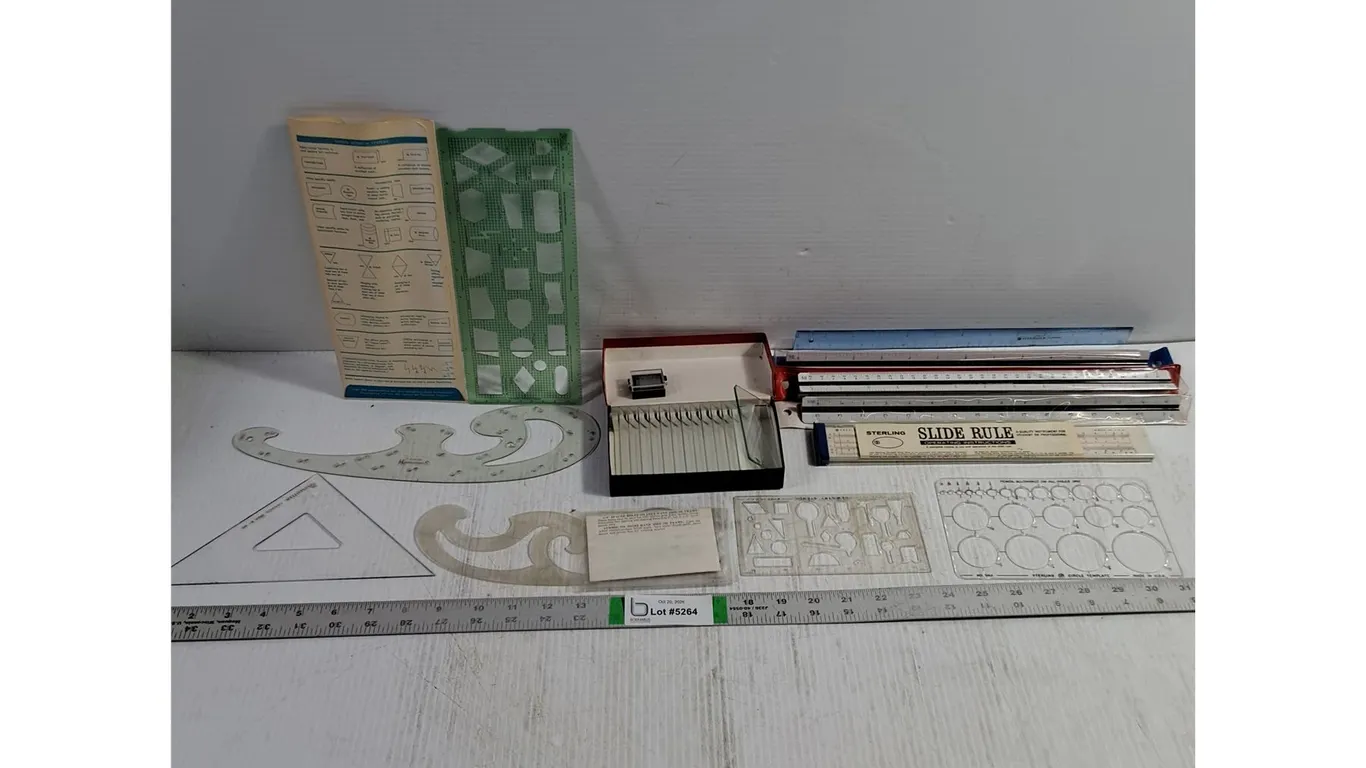 (4) Rulers,Sliding Ruler,Microscope Slides,Assorted Drafting Stencils