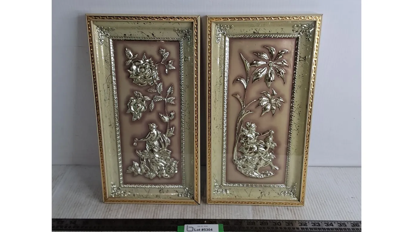 (2) Vintage Framed Metalcraft Wall Decorations - 15" x 8"