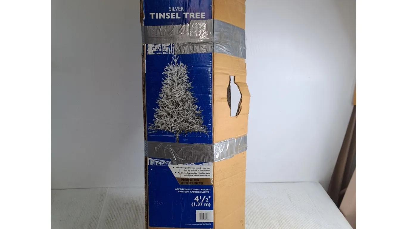 Emerald "Silver Tinsel Tree" - 4.5' Assembled - 39x7x9" Box, Pickup Only