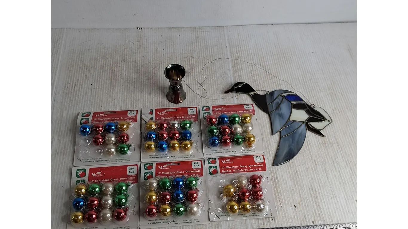 Vintage Mini Glass Ornaments, Stained Glass Mallard Duck, Bartender Shot Measure