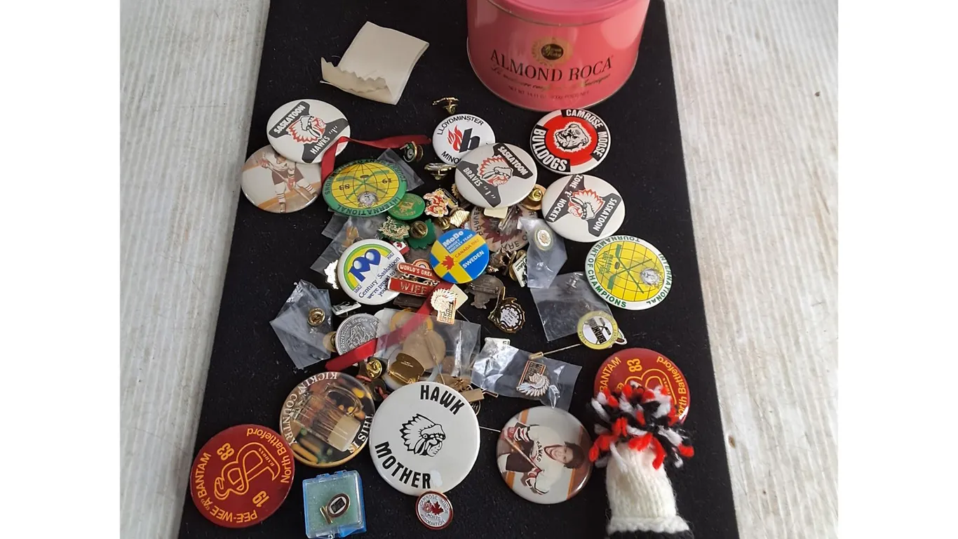 Assorted Shirt Pins, Almond Roca Tin