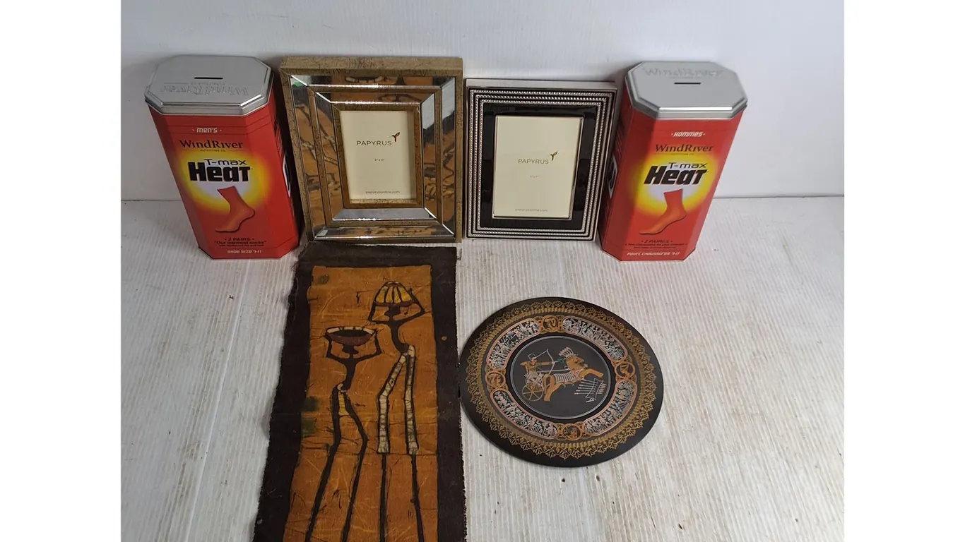 (2) Unused Papyrus Mirrored Picture Frames, T-Max Tins, Egyptian Decorative Plate, African Tapestry