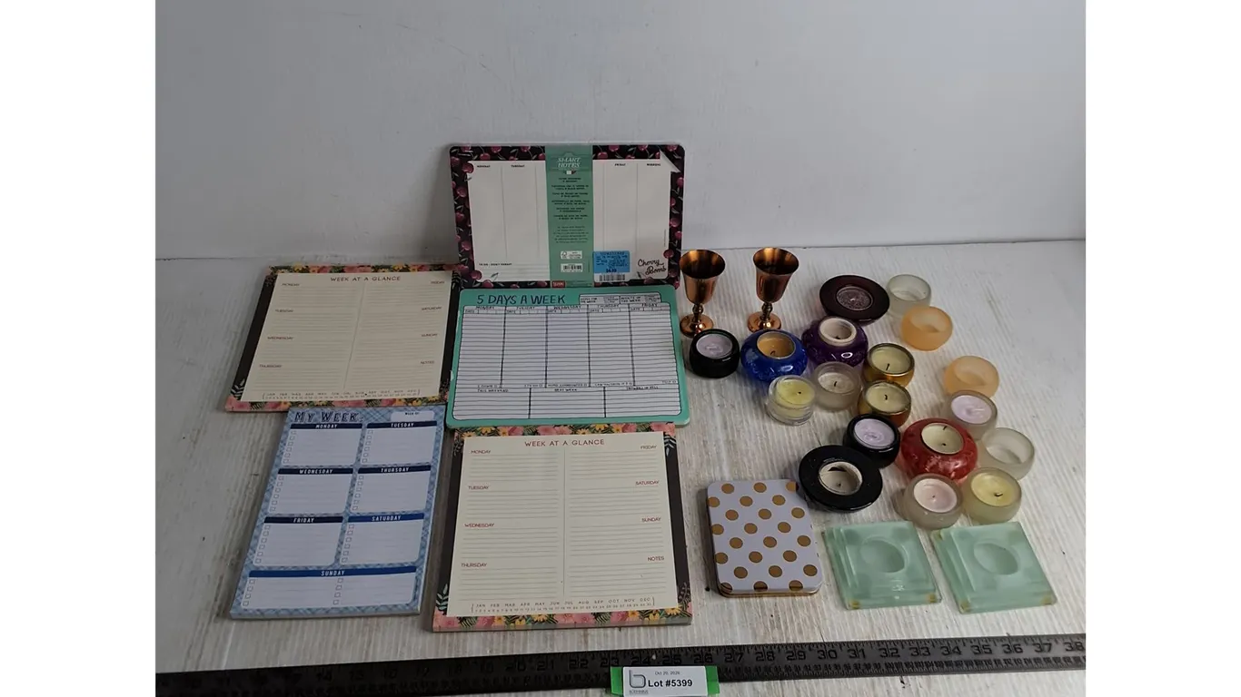 Assorted Candles & Holders, Day Planners, Copper Liquer Glasses