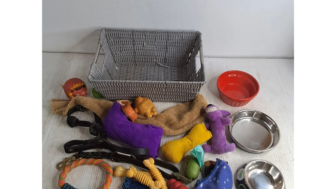 Wicker Basket, Assorted Pet Toys & Food Bowls