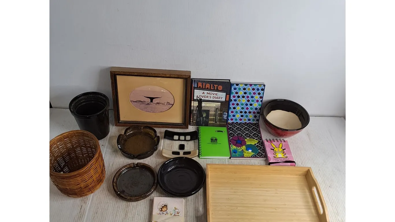 Ash Trays, Note Books, Tray, Whale Picture, Bowl, Wicker, Misc.