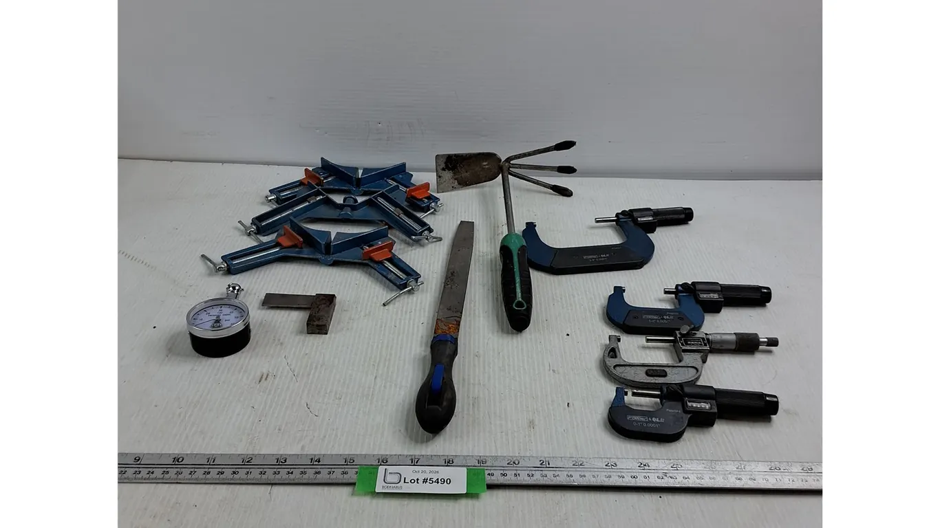 (3) 90-Degree Corner Clamps - Rasp - Tire Pressure Gauge - (4) Outside Micrometers - As Is