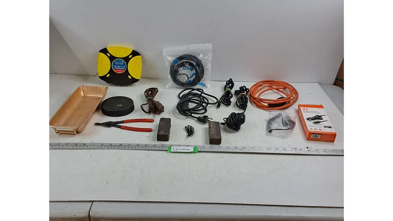 Oscars 100' Measuring Tape (Missing Handle) - (6) Power Cables of Various Kinds - In Car Phone Charg