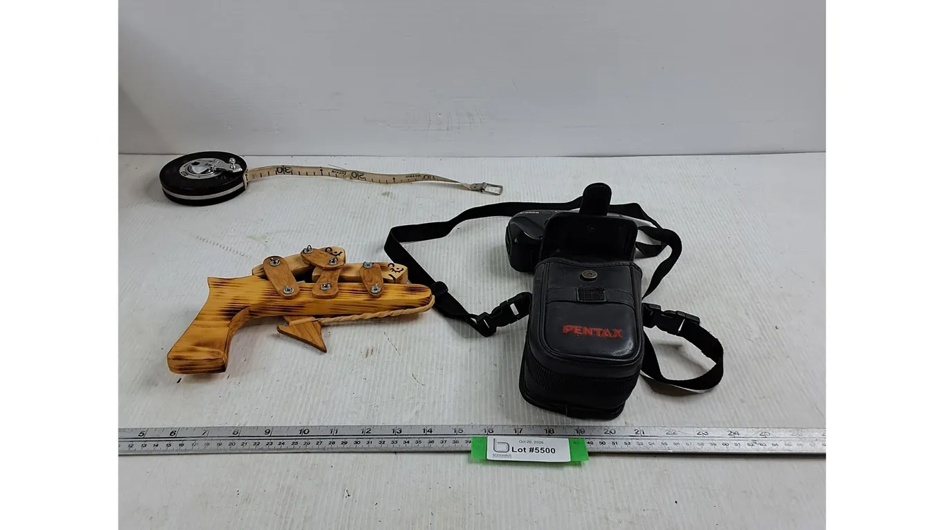 Canon Sureshot Camera & Case - Wooden "Gopher Gun" - Sterling 50' Canvas Tape Measure - As Is