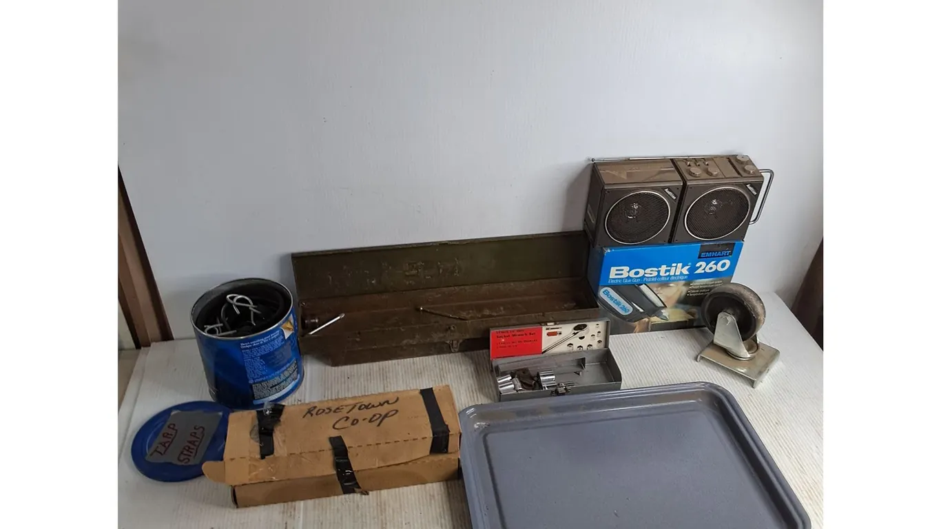 Metal Tray, Bungee Cords, Tool Boxes, Bostik Glue Gun, Radio, Misc.