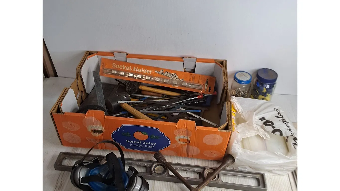 Assorted Hand Tools, Saw Blades, Hardware, Filter Mask
