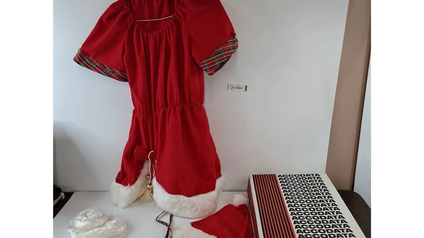 Christmas Short Dress Estimated Small, Hat, Hairpiece, Neck Coif, Accodata Box