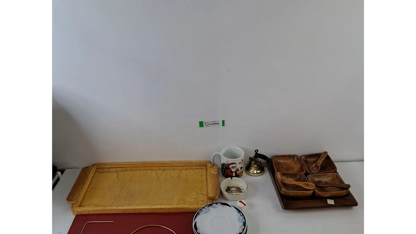 Wood Serving Board As-Is, (6) Plates, Hawaii Ashtray, Christmas Mug, (4) Wooden Bowls, Misc