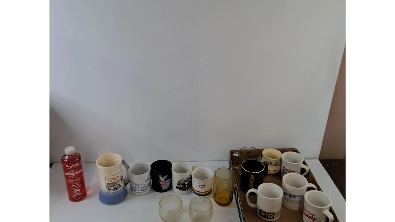 (2) Candle Cups, (12) Coffee Cups, (1) Glass, Rayflam Liquid Paraffin