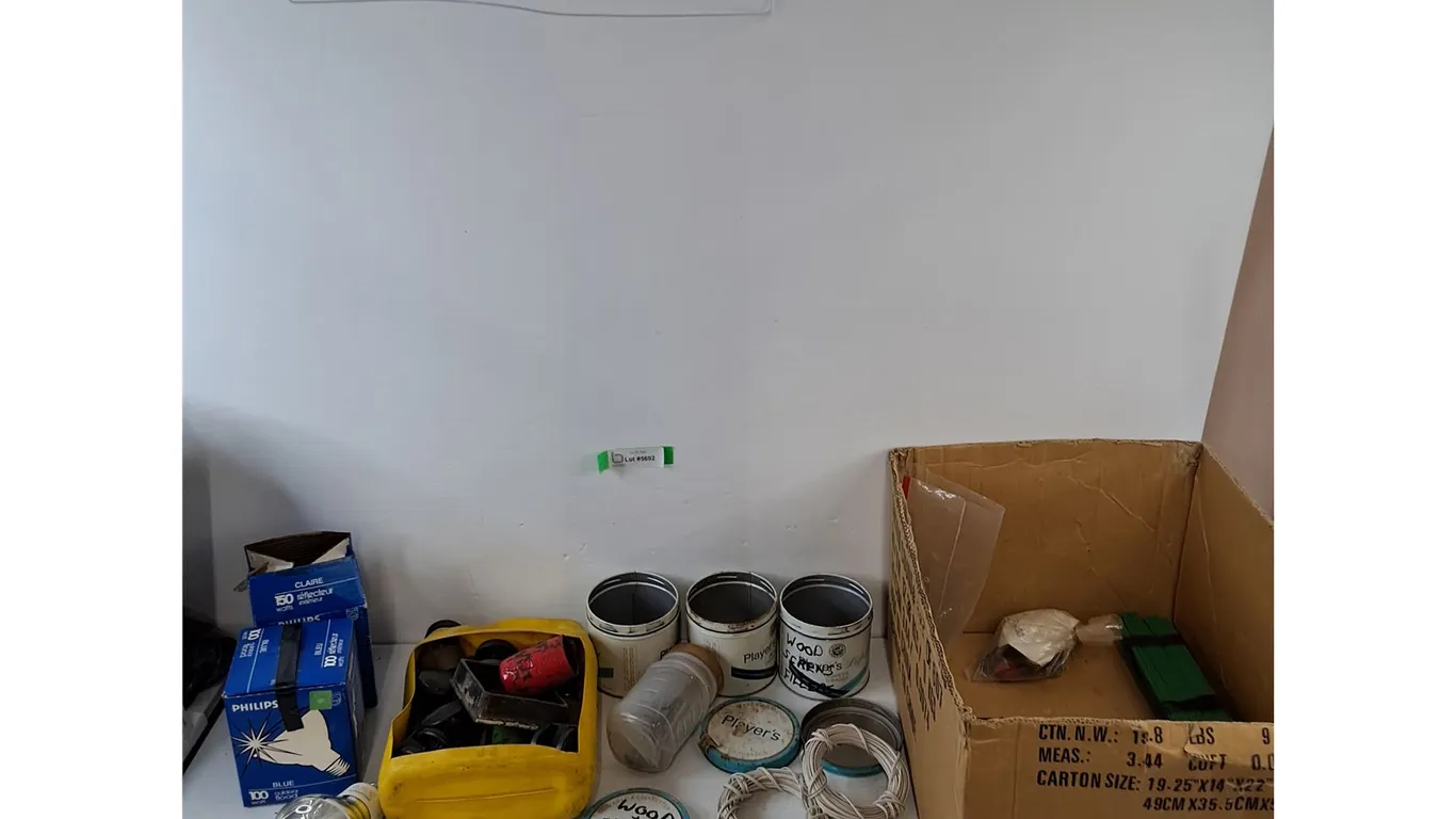 (3) Cigarette Tobacco Tins, (3) Wire Coils, (2) Outdoor Flood Lights, Misc