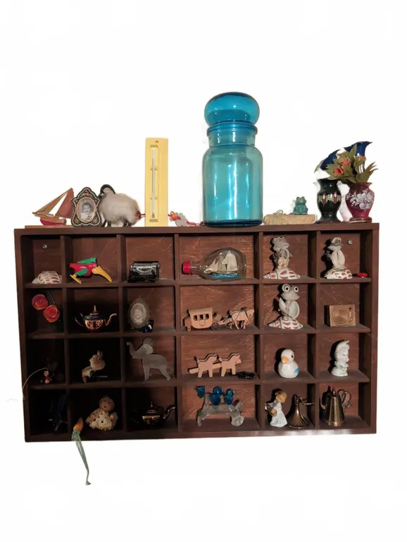 Miniature Collectibles With Wooden Wall Shelf, Decor Items, and Small Vases