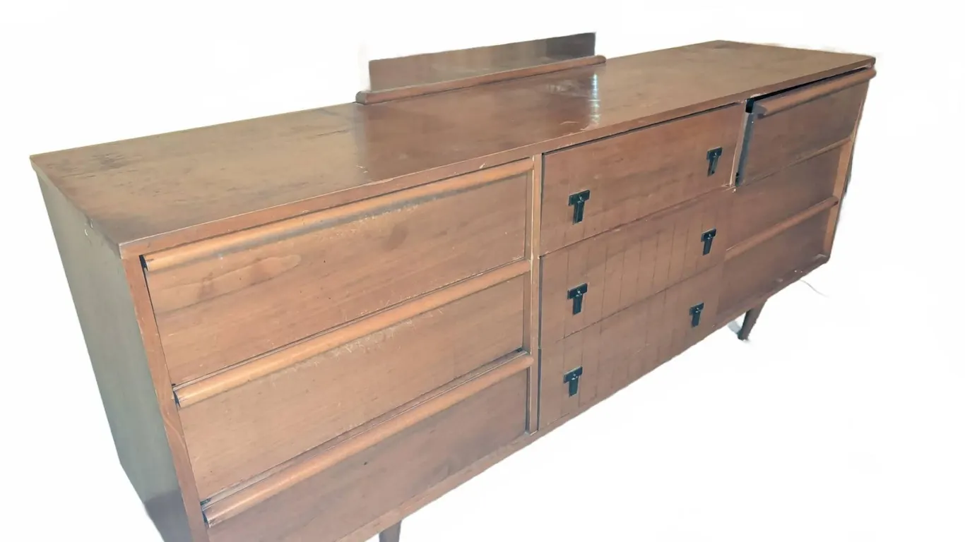 Mid-Century Modern 9-Drawer Wood Dresser with Mirror, Splayed Legs, Metal Pulls