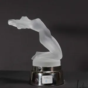 Rene Lalique, France "Chrysis" kneeling frosted glass car mascot hood ornament, model 1183, on heavy