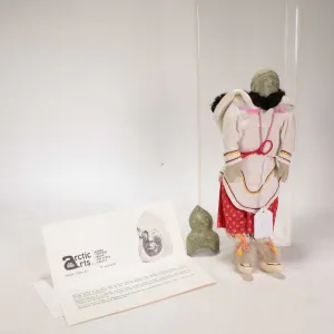 Anne Weetaluktuk hand made mother and child doll with craved green soapstone heads, 12" in height. I